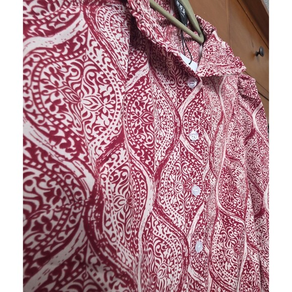 NWT Cider Blouse Size Large Red Cream Long Sleeved Ruffle Collar Button Up - Picture 2 of 10